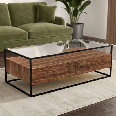 Furniture123 Large Walnut Coffee Table with Glass Top and Storage Drawers - Akila
