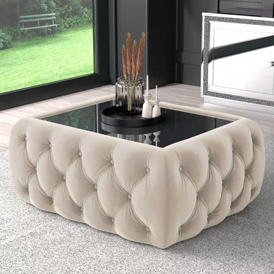 Furniture123 Cream Velvet Ottoman Coffee Table with Mirrored Top - Clio