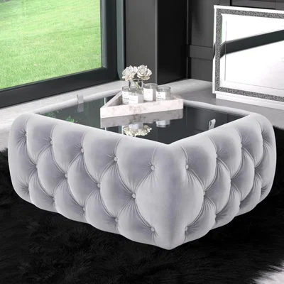 Furniture123 Silver Grey Vevlet Ottoman Coffee Table with Button Detail - Clio