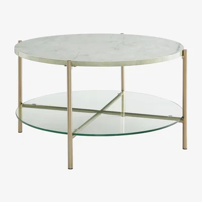 Furniture123 White Faux Marble Round Coffee Table with Gold Legs & Glass Shelf