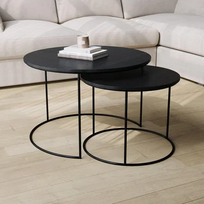 Furniture123 Black Mango Wood Round Nest of 2 Coffee Tables - Ruby