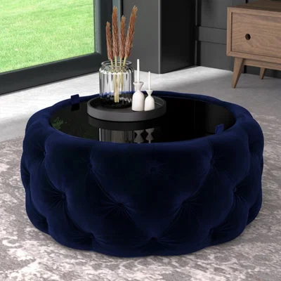 Furniture123 Midnight Blue Ottoman Coffee Table with Glass Top - Clio