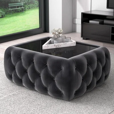 Furniture123 Dark Grey Velvet Storage Coffee Table with Glass Top - Buttoned - Clio