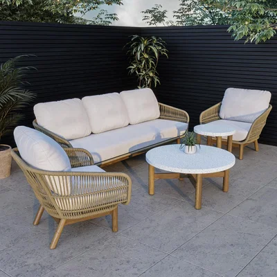 Furniture123 5 Seater Rope and Acacia Garden Sofa Set with Terrazzo Coffee Tables - Aspen
