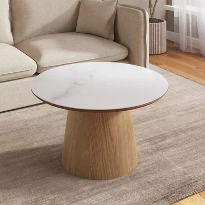 Furniture123 Large Oak and White Marble Effect Round Coffee Table - Malia