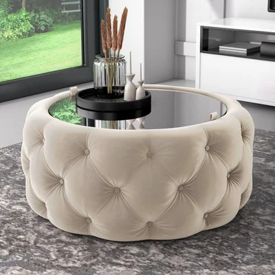 Furniture123 Cream Velvet Ottoman Coffee Table with Button Detail - Clio
