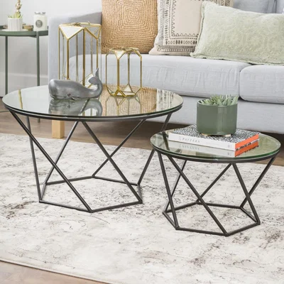 Furniture123 Glass Coffee Tables with Black Metal Base - Set of 2 - Foster