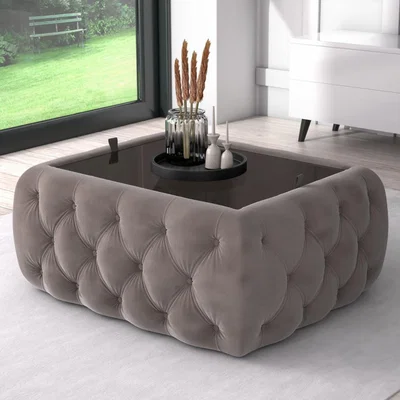Furniture123 Taupe Velvet Ottoman Coffee Table with Glass Top - Clio