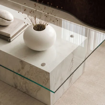 Furniture123 Large Rectangular Glass and White Marble Effect Coffee Table - Celine