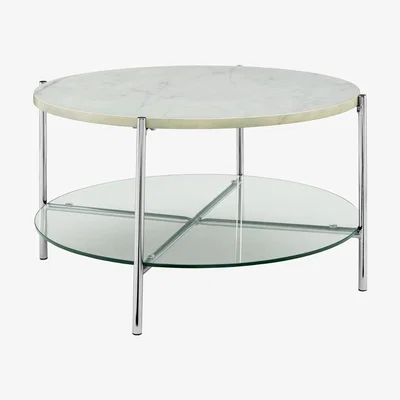 Furniture123 Round White Coffee Table in Faux Marble with Glass Shelf - Foster