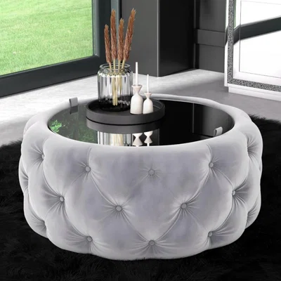 Furniture123 Silver Grey Velvet Ottoman Coffee Table with Mirrored Top - Clio