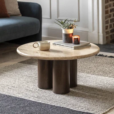 Furniture123 Round Travertine Coffee Table with Mango wood Legs - Trevi