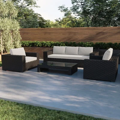 Furniture123 Wide Black Rattan Garden Sofa Set with Coffee Table - Aspen
