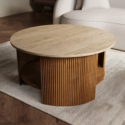 Furniture123 Large Round Travertine and Ribbed Mango Wood Coffee Table with Storage - Ivan