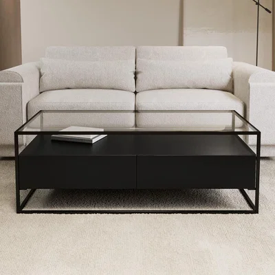 Furniture123 Large Black Coffee Table with Glass Top and Storage Drawers - Akila