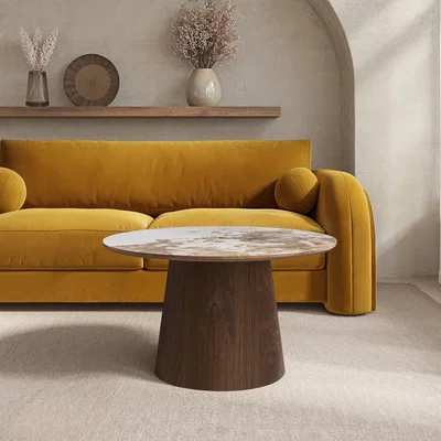 Furniture123 Neutral Ceramic Round Coffee Table with Walnut Pedestal Base - Malia
