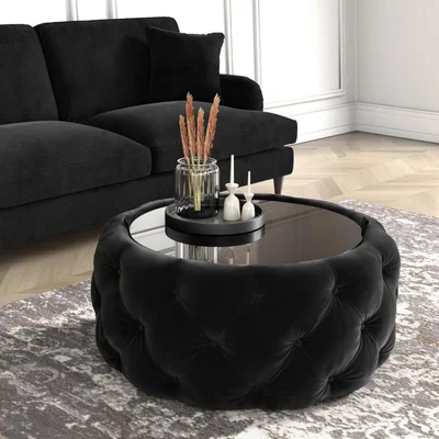 Furniture123 Black Velvet Ottoman Coffee Table with Button Detail - Clio