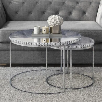 Furniture123 Round Mirrored Coffee Tables with Diamond Gems - Set of 2 - Jade Boutique