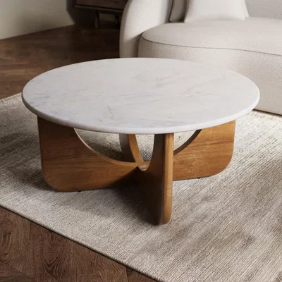 Furniture123 Large Round White Marble and Mango Wood Coffee Table - Ivan