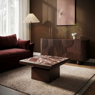 Furniture123 Large Mango Wood and Red Marble Square Coffee Table - Rana