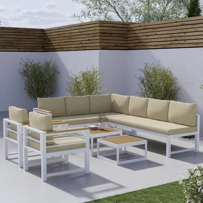 Furniture123 White Steel Corner Sofa Set with 2 Single Sofa Chairs and Coffee Tables