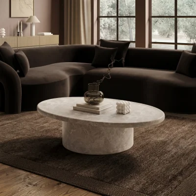 Furniture123 Large Beige Marble Effect Oval Coffee Table - Arrezzo