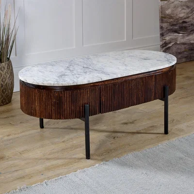 Furniture123 Mango Wood Rectangular Fluted Coffee Table With Marble Top & Metal Legs - Opal