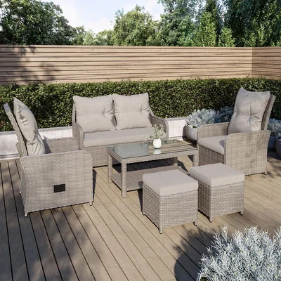 Furniture123 Light Rattan 6 Seater Sofa Set with Glass Top Coffee Table - Fortrose