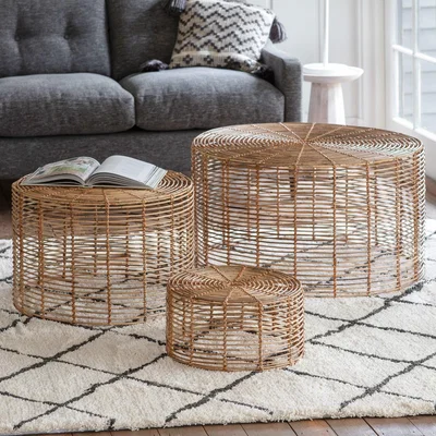 Furniture123 Small Brown Rattan Round Nest of 3 Coffee Tables - Caspian House