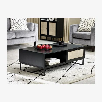 Furniture123 Large Black Coffee Table with Rattan Drawer - Padstow