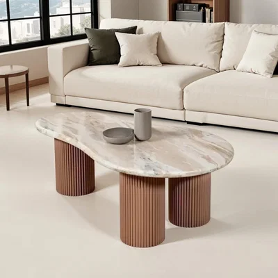 Furniture123 Natural Marble & Wood Pedestal Coffee Table - Ashford