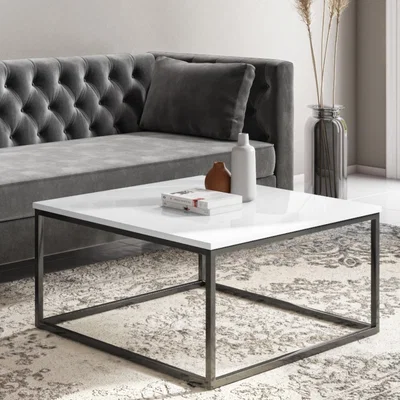 Furniture123 Square White Gloss Coffee Table with Black Metal Legs - Rochelle