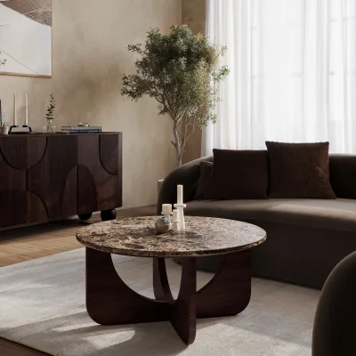 Furniture123 Large Round Brown Marble and Walnut Coffee Table - Ivan
