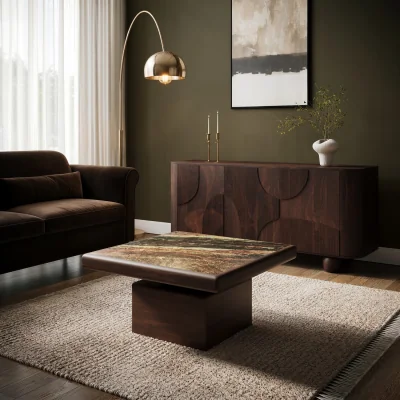 Furniture123 Large Mango Wood and Green Marble Square Coffee Table - Rana