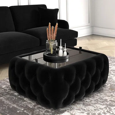Furniture123 Black Velvet Ottoman Coffee Table with Glass Top - Clio