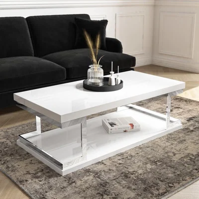 Furniture123 Large White High Gloss Coffee Table with Chrome Detail - Tiffany