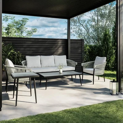 Furniture123 5 Seater Cream Rope and Black Metal Garden Sofa Set with Coffee Tables - Aspen