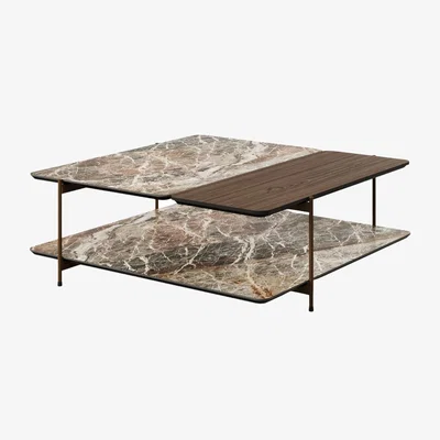 Heal's Paul Rogers Dua Stone/Wood Coffee Table Square Double Bronze Mountain Mat Walnut 100cm