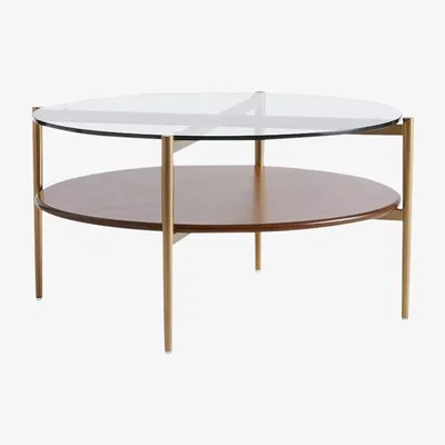 John Lewis west elm Mid-Century Round Wood Art Display Coffee Table, Walnut/Antique Brass