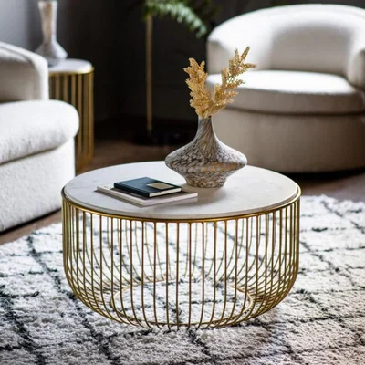 Knees Riley 80cm Round Marble Coffee Table - Gold