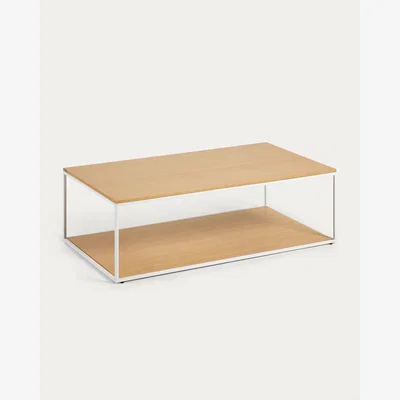 Kave Home Yoana coffee table with oak veneer table top and base, white metal structure, 110 x 60 cm