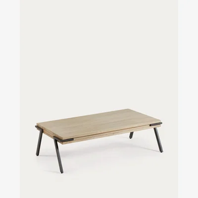 Kave Home Thinh solid acacia wood coffee table with steel legs in a black finish, 125 x 70 cm