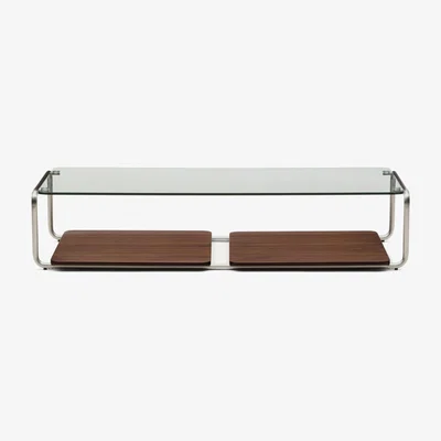 Kave Home Tarsel coffee table in tempered glass with FSC 100% walnut veneer tray with brushed stainless steel structure 140 x 60cm