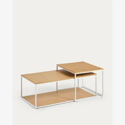 Kave Home Yoana set of 2 nesting coffee tables with oak veneer and white metal structure, 80 x 80 cm