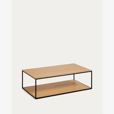 Kave Home Yoana coffee table with oak wood veneer and painted black metal structure, 110 x 60 cm