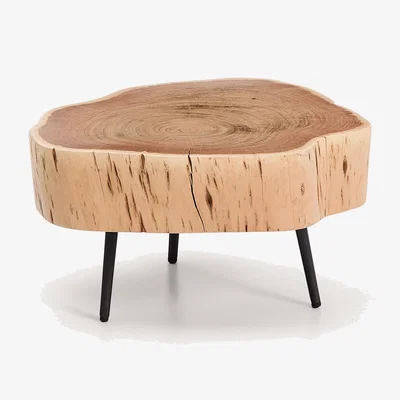 Kave Home Tavine coffee table in solid acacia wood with bleached finish and black steel legs Ø49cm