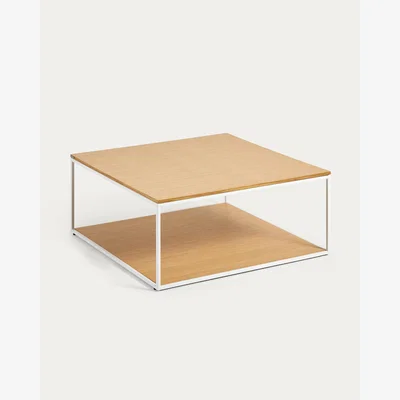 Kave Home Yoana coffee table with oak veneer table top and base, white metal structure, 80 x 80 cm