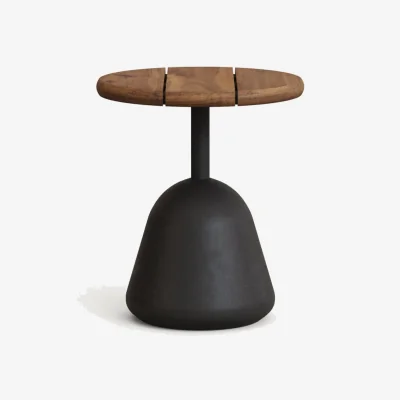 Kave Home Saura coffee table with walnut-finished acacia top and black cement base Ø43x48cm