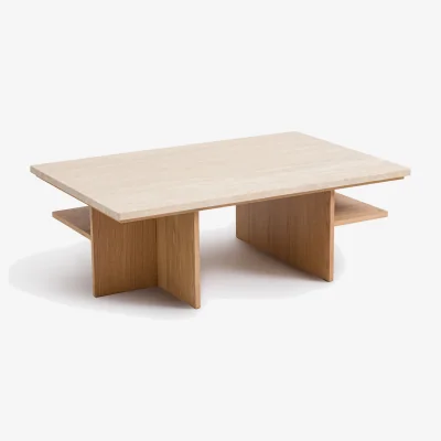 La Redoute Caliste Travertine and Oak Veneer XL Coffee Table, 120cm Wide