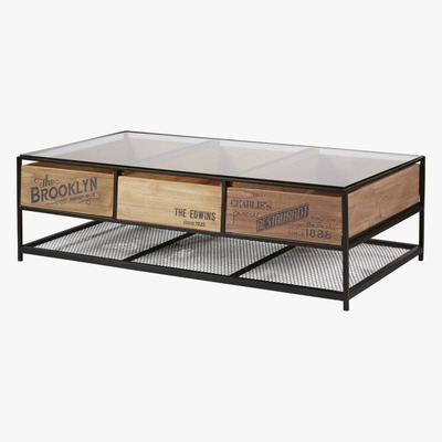 Maisons du Monde Black Metal and Glass 3-Drawer Industrial Coffee Table Papel